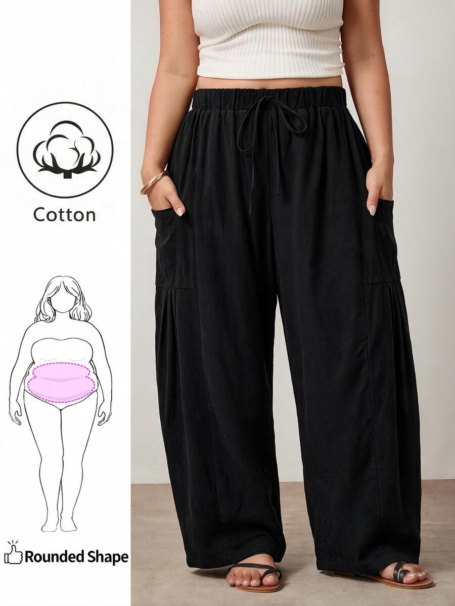 Enliva Plus Size Cotton Blend Drawstring Loose Pants With Pockets Compatible With Apple Body Round Body - Black - View 1