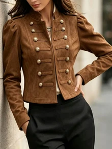 SHEIN Women's High-Quality Vintage Court Style Stand Collar Double-Breasted Gold Button Velvet Short Jacket With Puff Sleeves And Metal Decorative Buttons, Suitable For Commuting, Outings, Dates And Light Business Occasions - Brown - View 4