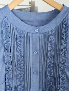 Lacomfia Haze Blue Long Sleeve Loose Fit Striped Trim Frill Trim Plus Size Shirt - Dusty Blue - View 3