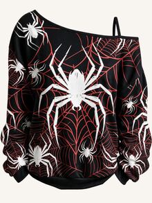 EMERY ROSE Plus Size Women's Asymmetrical Shoulder Spider Print T-Shirt, Autumn/Winter Halloween - Multicolor - View 1
