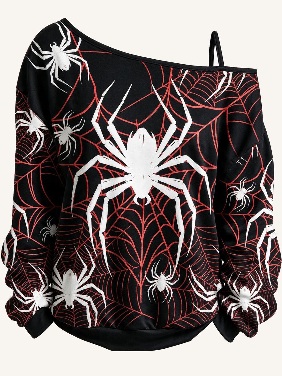 EMERY ROSE Plus Size Women's Asymmetrical Shoulder Spider Print T-Shirt, Autumn/Winter Halloween - Multicolor - View 1