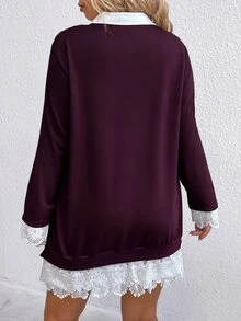 SHEIN LUNE 大尺碼女款長袖撞色蕾絲休閒優雅百搭衛衣 正式辦公風 深紫色 秋季 - 紫色 - 查看 2