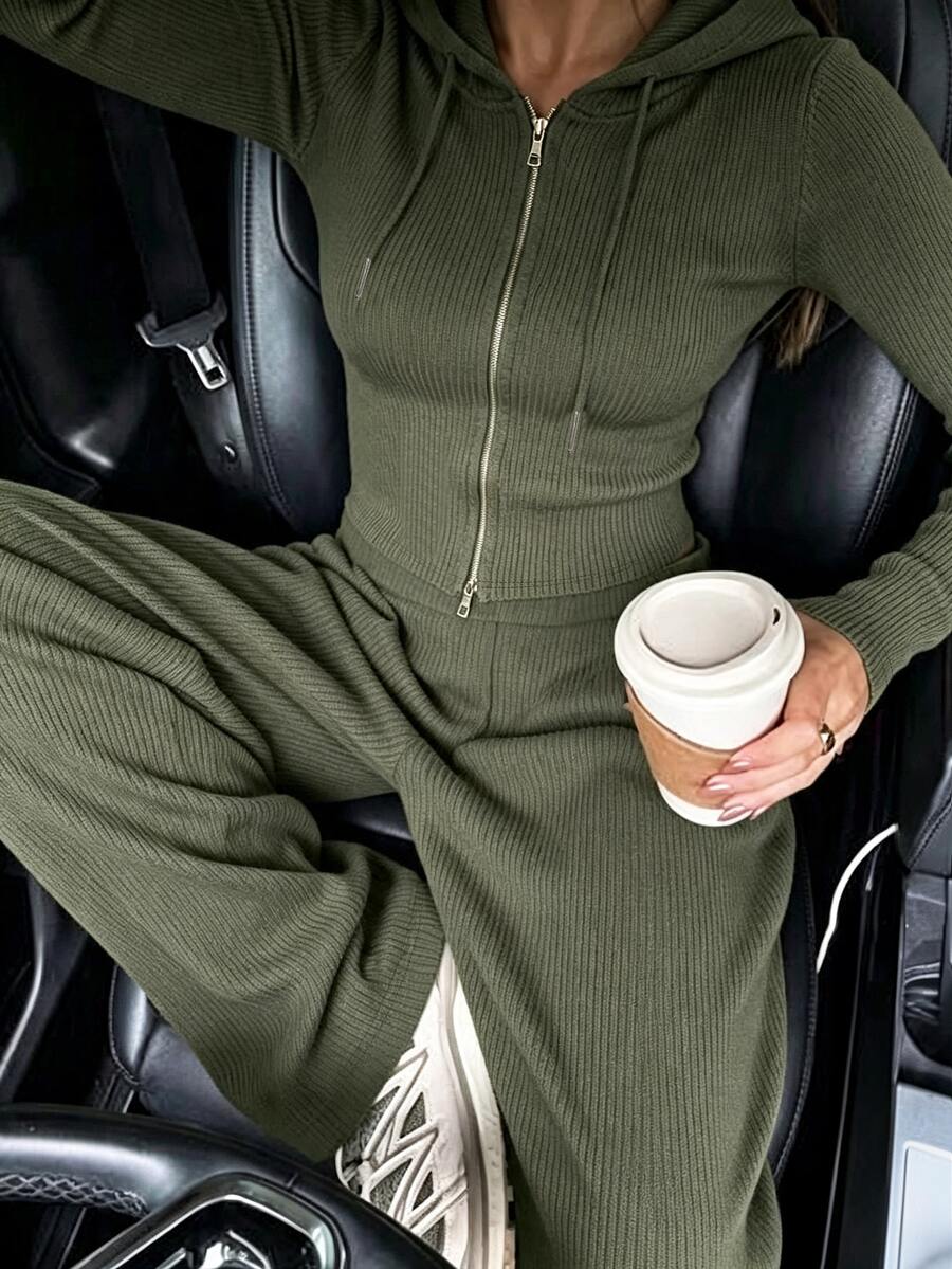 Zavorell Women's Casual Sports Fitted Hooded Solid Color Army Green Knit Set - Army Green - View 1
