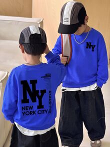 Young Boy Long Sleeve Crew Neck Sweatshirt With Cartoon Pattern And NY Letter, Suitable For Autumn/Winter, Fleece Lined - Multicolor - View 5