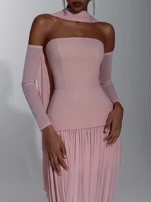 Elitara Elegant Minimalist Lotus Pink Knit Mesh Tube Top 2 In 1 Asymmetrical Ruched Hem Bridesmaid Dress - Dusty Pink - View 7