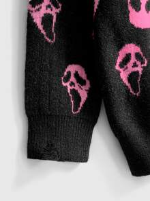 ROMWE Dark Gothic Halloween Ghost Face Jacquard Distressed Design Crew Neck Pullover Loose Fit Sweater - Hot Pink - View 3