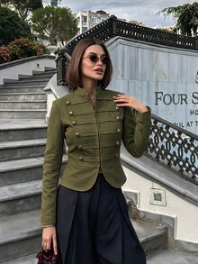Lavishia 女款淺卡其色修身前拉鍊拿破崙/軍裝夾克，夏季穿搭，外出穿著，鄉村音樂演唱會服飾，夏季上衣 - 軍綠色 - 查看 2