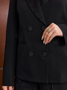 Anewsta Autumn/Winter Premium Luxury Satin Double-Breasted Blazer With Lapel Long Sleeve Jacket And Wide Leg Pants Elegant Suit 2 Pieces Set - Black - View 8