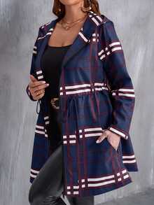 EMERY ROSE Plus Size Women Plaid Drawstring Waist Zip Up Casual Hooded Jacket,Winter Coat Women - Navy Blue - View 2