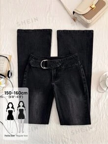SHEIN PETITE Celana Panjang Denim Washed Model Flare Kasual Wanita dengan Pinggang Rendah - Hitam - View 1