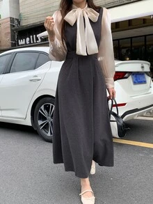 DAZY Women's Plaid Long Sleeve Contrast Color Korean Style Girly Aesthetic Midi Dress - Black - View 5