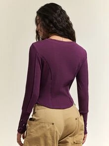 SHEIN Women's Minimalist Elegant Single-Breasted Long Sleeve Casual T-Shirt - Purple - View 2