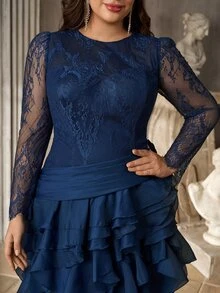 Aureia Plus Size Women's Long Sleeve Round Neck Elegant Romantic Navy Blue Lace Patchwork Organza Ruffle Hem Dress - Navy Blue - View 4