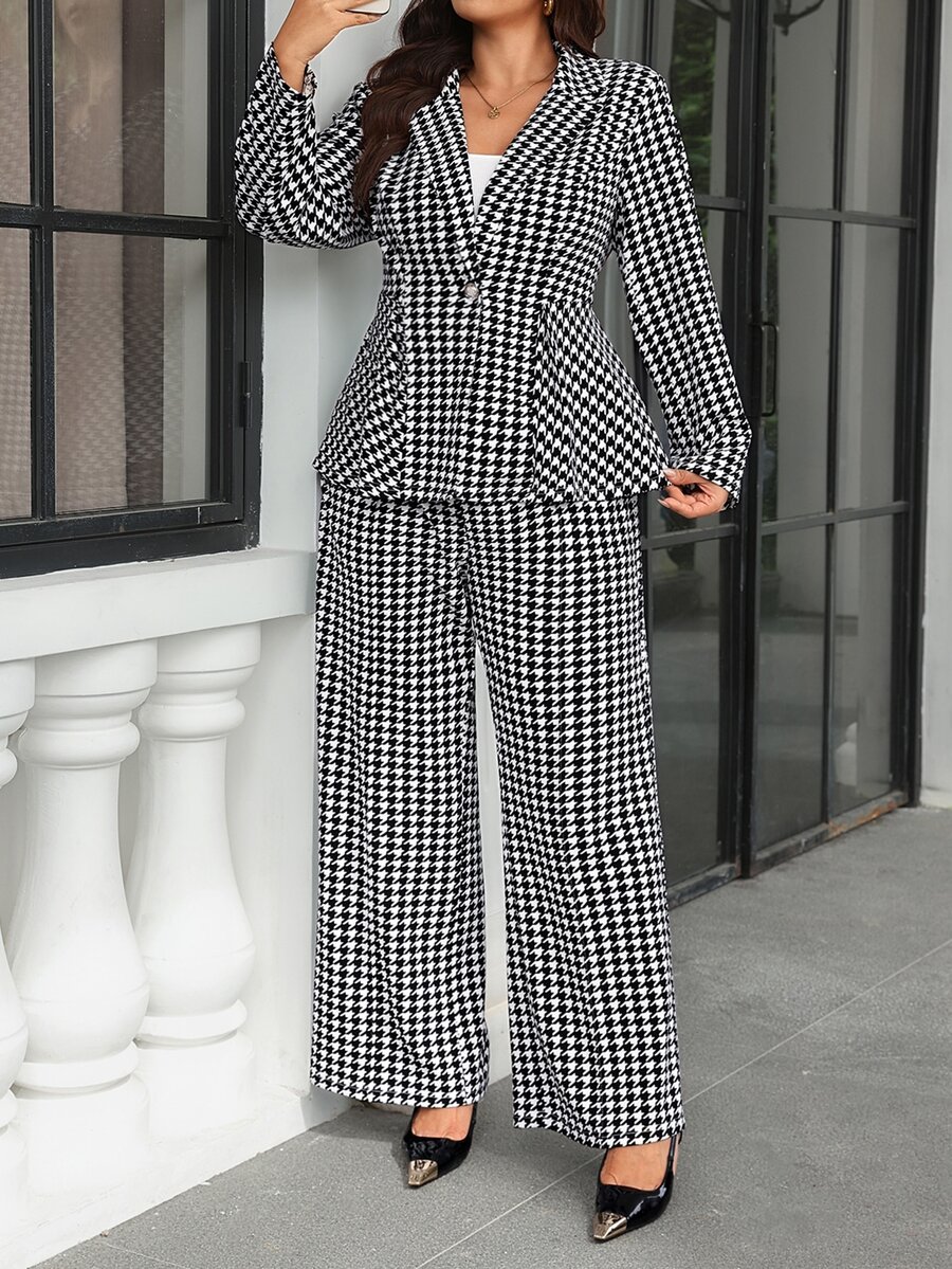 Chikora Setelan Elegan Wanita Ukuran Besar Motif Houndstooth Lengan Panjang Kerah dan Celana Panjang Lebar - Biru - View 1