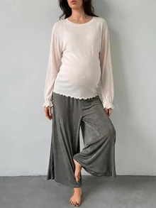 Dazy Maternity Solid Color Loose Long Sleeve Lace Trim T-Shirt & Wide Leg Pants Casual Vacation Daily Home Wear Spring Autumn Maternity 2 Pieces Set - Apricot - View 3