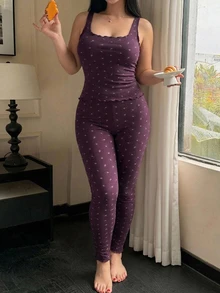 Dazy Plus Plus Ditsy Floral Lettuce Trim Pajama Set - Violet Purple - View 4