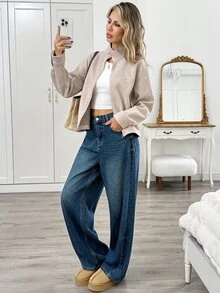 Easowa Áo khoác ngoài cổ cao kéo khóa nữ - Màu Khaki - Xem 5