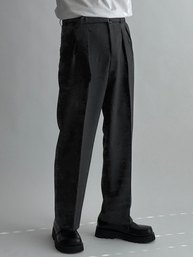 DAZY Spring/Autumn Solid Dark Gray Belted Slim Fit Straight Leg Pleated Tapered Pants For Men - Dark Grey - View 3