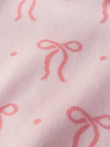 SHEIN 6個月-3歲女嬰蝴蝶結提花針織毛衣套裝，蕾絲領開襟衫，喇叭長褲，2件式針織寬腿褲套裝 - 粉色 - 查看 6