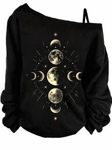 EMERY ROSE Plus Size Streetwear Long Sleeve Moon Print Cold Shoulder T-Shirt - Black - View 1