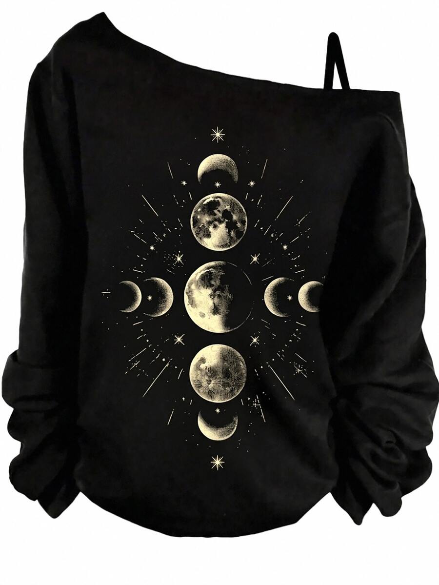 EMERY ROSE Plus Size Streetwear Long Sleeve Moon Print Cold Shoulder T-Shirt - Black - View 1