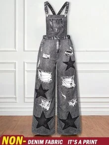 SHEIN Jumpsuit Denim Bertali Berlubang dengan Motif Bintang untuk Remaja Perempuan - Grey - View 3