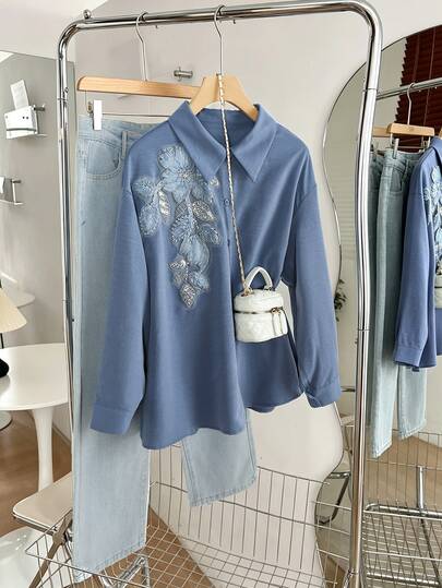Modelyn Floral Decor Long Sleeve Loose Fit Elegant Commuter Fashion Haze Blue Plus Size Blouse
