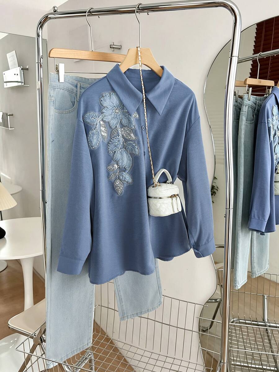 Modelyn Floral Decor Long Sleeve Loose Fit Elegant Commuter Fashion Haze Blue Plus Size Blouse - Dusty Blue - View 1