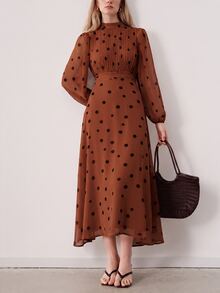 Aveloria Modichic Women's Dress Stand Collar Waisted A-Line Textured Chiffon Pleated Front Lantern Sleeve French Rust Brown Long Midi Thanksgiving Brunch Fall - Rust Brown - View 7