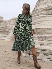 Aveloria Modichic Women's Dress A-Line Slim Fit High Neck Ruched Long Lantern Sleeve Elegant Boho Green Black Leopard Print Fall Brunch Vacation - Green - View 4