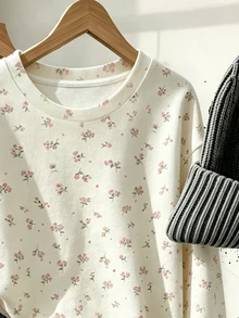 SHEIN Floral Pattern; Women's Sweatshirt; Matching For Sisters; Currently Popular; Gift For Sisters; Casual Simple Fashionable Loose Sweatshirt. - Multicolor - View 3