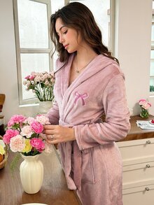 Snug Reverie Bow Embroidery Detail Belted Flannel Robe - Pink - View 3
