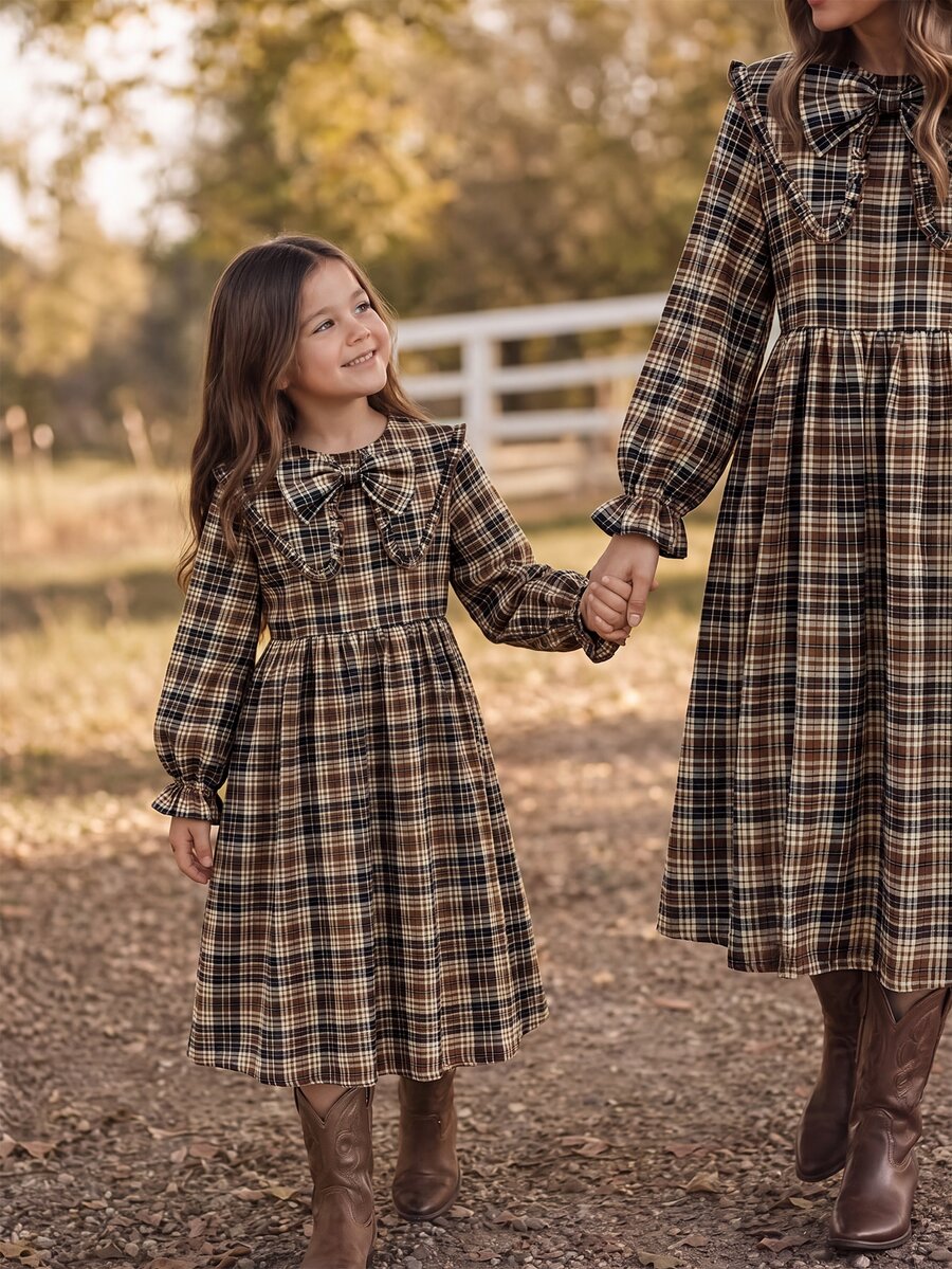 Tween Girl Tween Girls Long Sleeve Plaid Cinched Waist Bow Exaggerated Collar Long Dress Autumn/Winter - Khaki - View 1
