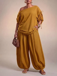 Zivah Women's Plus Size Asymmetrical Neckline Loose Fit 2 Pieces Set - Yellow - View 3