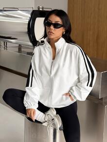 Muchica Women's White Striped Patchwork Stand Collar Zip Up Loose Fit Sports Jacket Gym Jacket Workout Jacket Running Jacket Sportswear Activewear Windbreaker - White - View 5