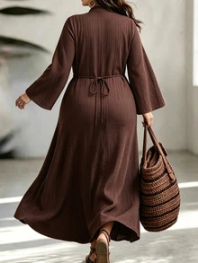 Weeklong Plus Size Frog Button Stand Collar Pleated Maxi Dress, Casual Elegant Long Dress - Brown - View 2