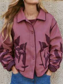 Nöista Quilted Jacket In Pink Colors With Leaves Print And Snap Buttons For Closure, Oversize Look. Fall, Winter, Casual, Outerwear.  - Pink - View 7