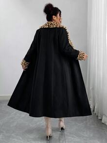 Elenzga Plus Size Women's New Leopard Print Patchwork Solid Color Wool Blend Mid-Length Coat, Autumn/Winter Overcoat, Fashion Coat, Mid-Length Coat, Overcoat - Black - View 2