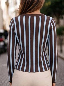 SHEIN Slim Fit Elegant French Contrast Color Brown And Blue Stripe Long Sleeve Knit Cardigan Office Brunch Fall - Multicolor - View 3