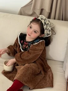 DAZY Infant (Girl) Round Neck Color Block Long Sleeve Autumn/Winter Dress - Coffee Brown - View 5
