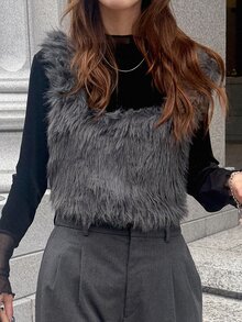 FRIFUL Women's Solid Color Plush Casual Extravagant Elegant Versatile Daily Wear Top Night Out Party Dark Grey Summer Christmas - Grey - View 3