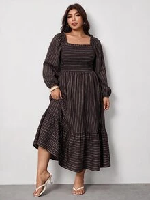 Enliva Plus Size Women's Vacation Loose Plaid Dress - Brown - View 6