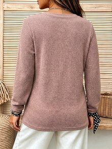 Linhara Plus Size Women's Fashion Minimalist V-Neck Ribbed Knit Long Sleeve Top With Pockets, Slim Fit Flattering Daily Commute Casual Outing Base Layer Fall - Dusty Pink - View 2