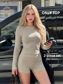 SHEIN Sports Women's Long Sleeve Distressed Faded Multi-Function Sports T-Shirt 2pcs Set High Elastic - Dark Grey - View 1