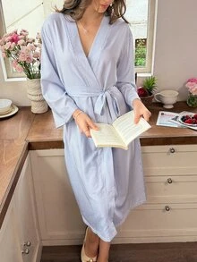 Snug Reverie Classic Blue & White Striped Belted Long Sleeve Robe For Women - Blue - View 4