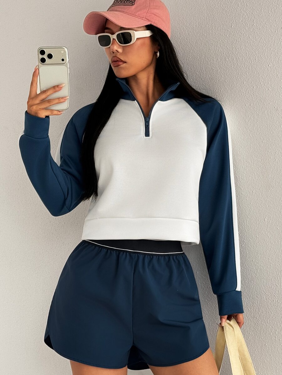 SHEIN Dewbera 女款運動休閒時尚拼接撞色運動衫 - 白色 - 查看 1