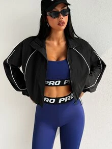 SHEIN Dewbera Women's Colorblock Stand Collar Short Fashion Casual Sports Jacket - Black - View 6