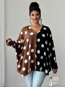 Maweii Blus Lengan Panjang Seksi Wanita Ukuran Plus dengan Motif Polkadot Blok Warna, Belahan Transparan, dan Lengan Kelelawar. - MultiWarna - View 3