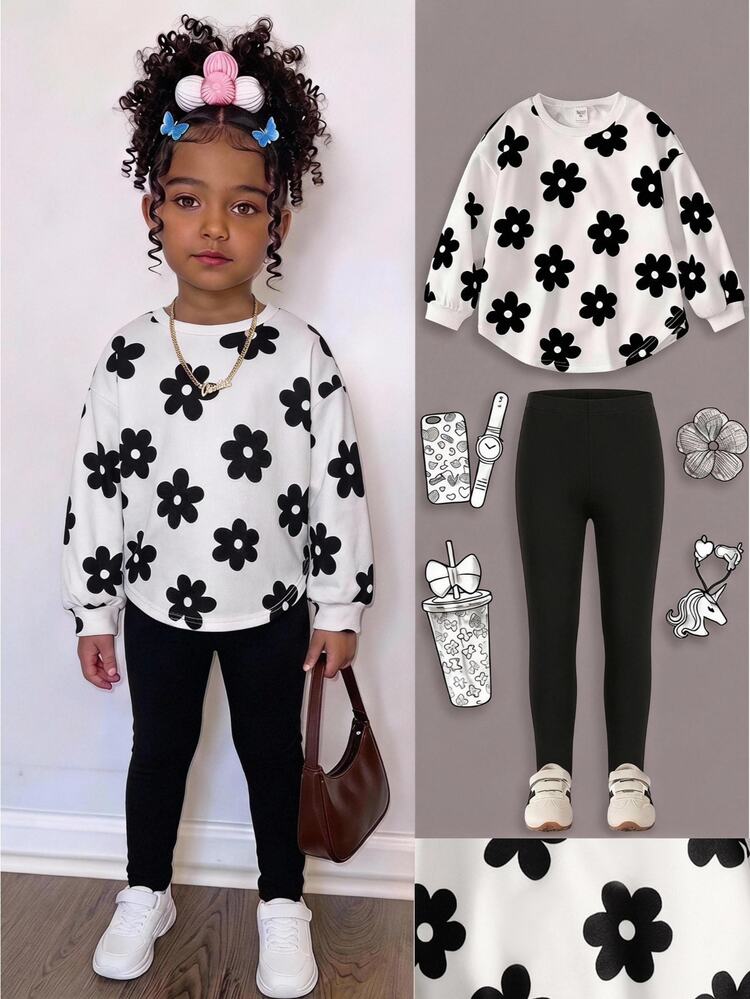 Young Girl Young Girl Casual Floral Print Round Neck Long Sleeve 2 Pieces Set - Black - View 1