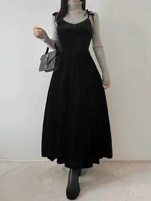 FRIFUL Gaun Berlapis Model Vintage Fashion Wanita dengan Tali Pengikat, Gaya Preppy - Hitam - View 4